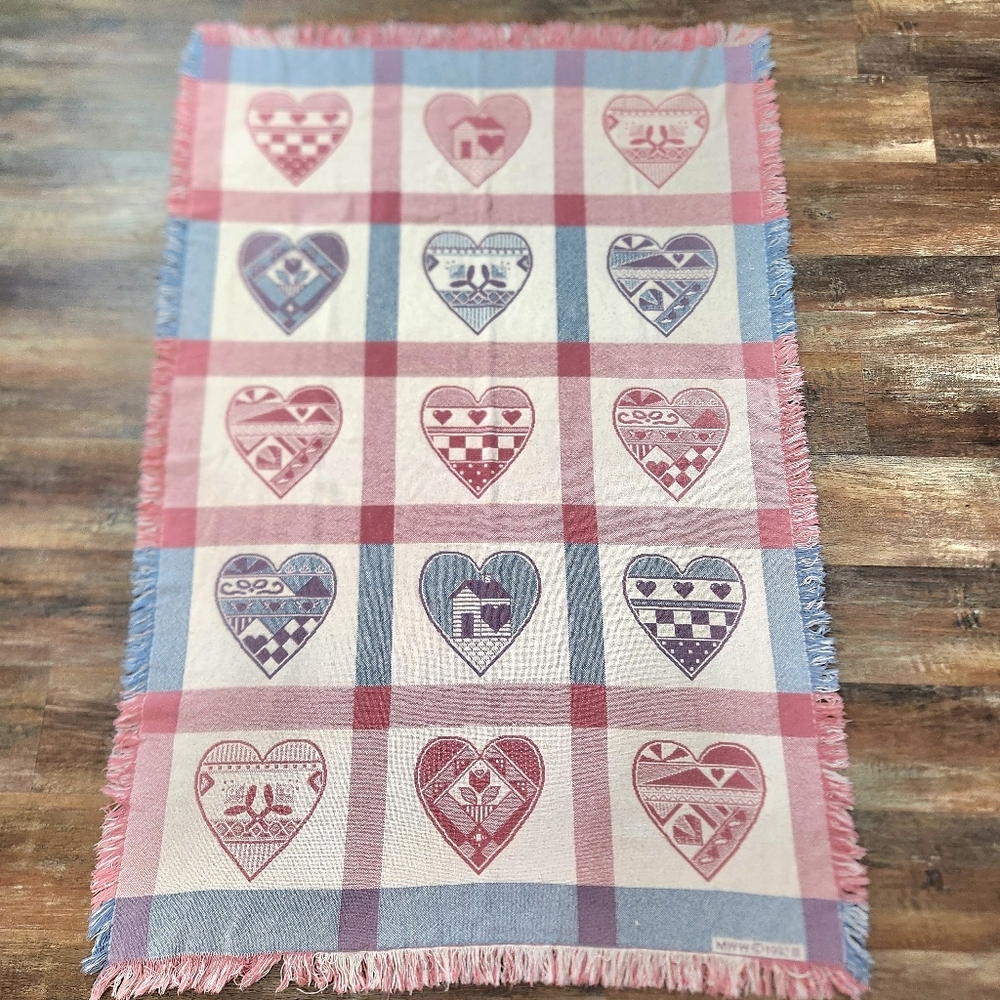Tapestry Throw Vintage 1992 Heart Fringe Pink & Blue Blanket